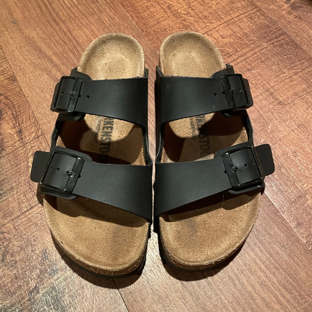 Black Birkenstock 2 buckle leather sandals.